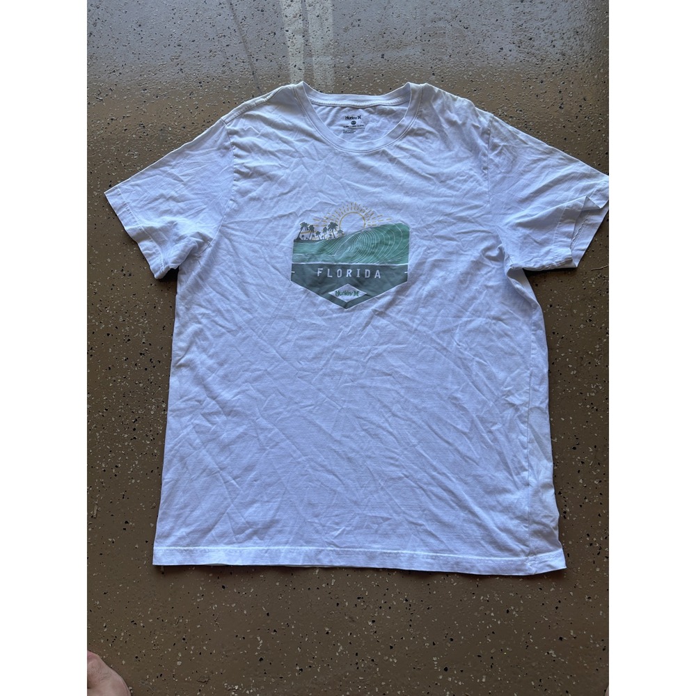 Hurley Florida Mens 2XL White Graphic T-Shirt Surf Wave Sun Palm Tree Beach